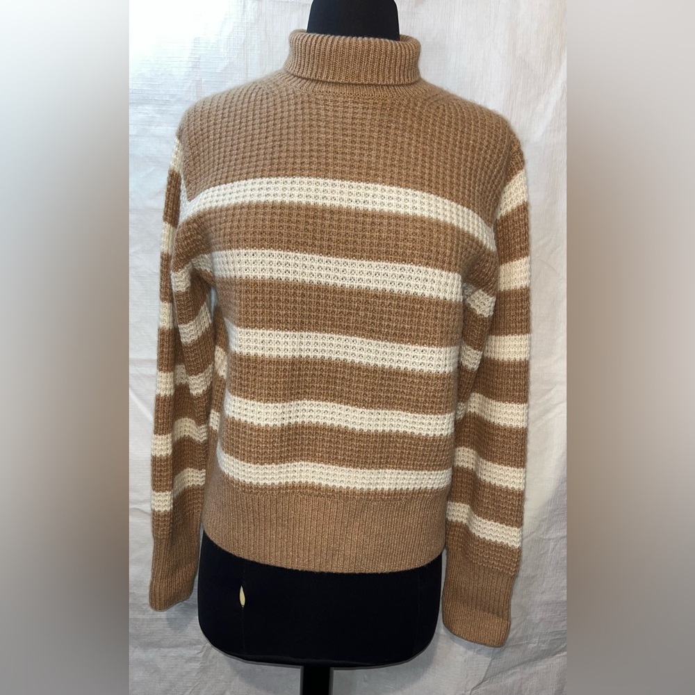 White + Warren Brown and Cream Turtleneck Sweater 100% Cashmere